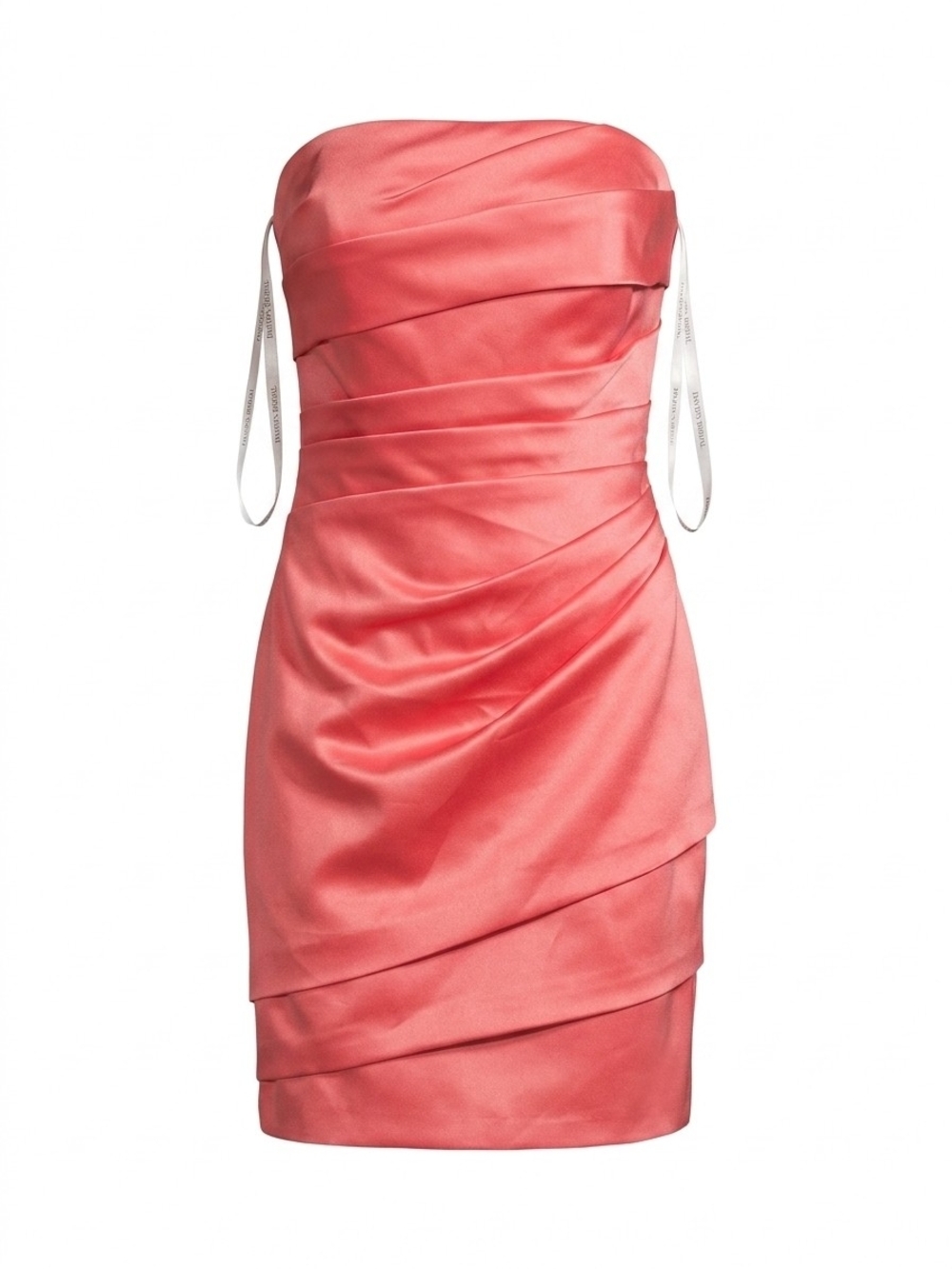 David's Bridal Strapless Coral Satin Ruched Cocktail Dress